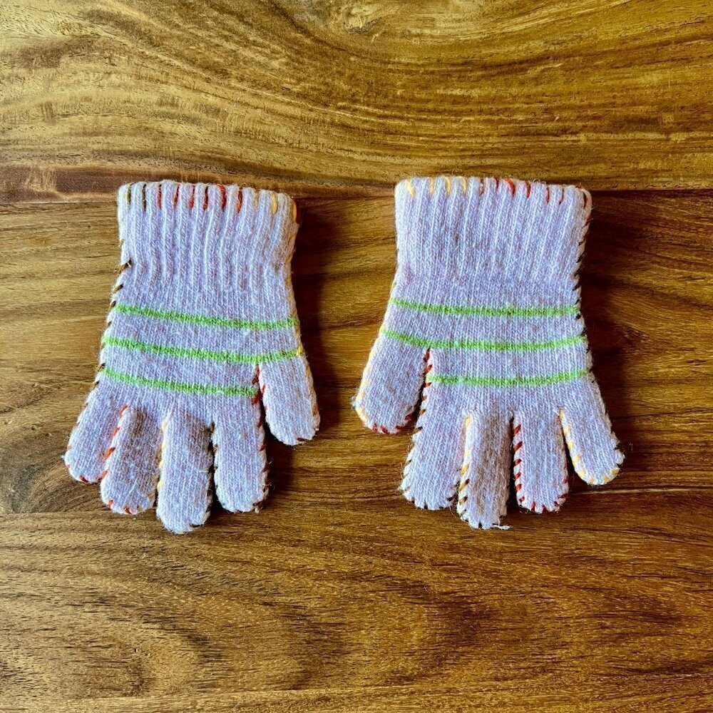 Children's Knitted Pink Gloves With Green Stripes & Colorful Stitching